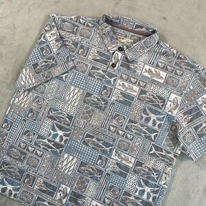 Crazy Shirts Hawaiian Polo Mens XL Blue Grey Fish Tribal AOP Short Sleeve NWOT